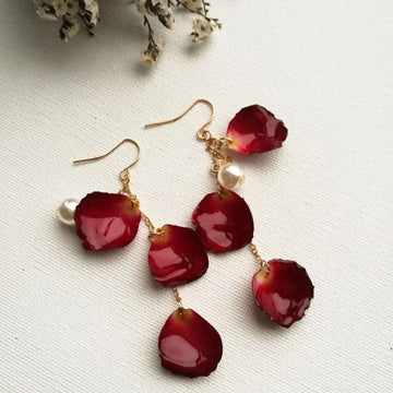 Dried Flower Red Rose Petals With Pearl Dangle Earrings