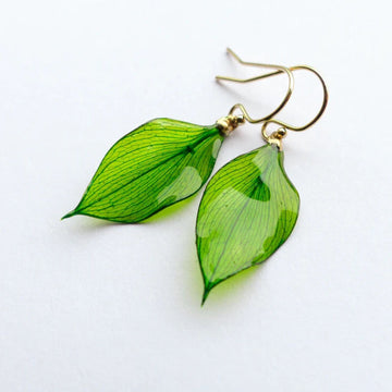 Real Green Leaf Earrings in 14K Gold