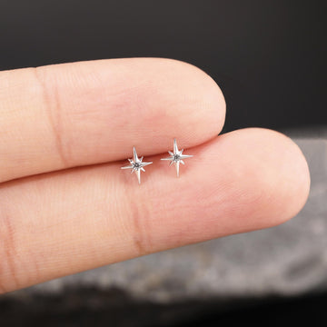 14k Solid White Gold Starburst Stud Earring