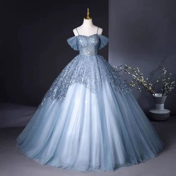 Blue Straps Sequins Prom Dress