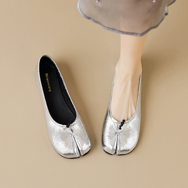 White Silver Brown Leather Split-Toe Flat for Women