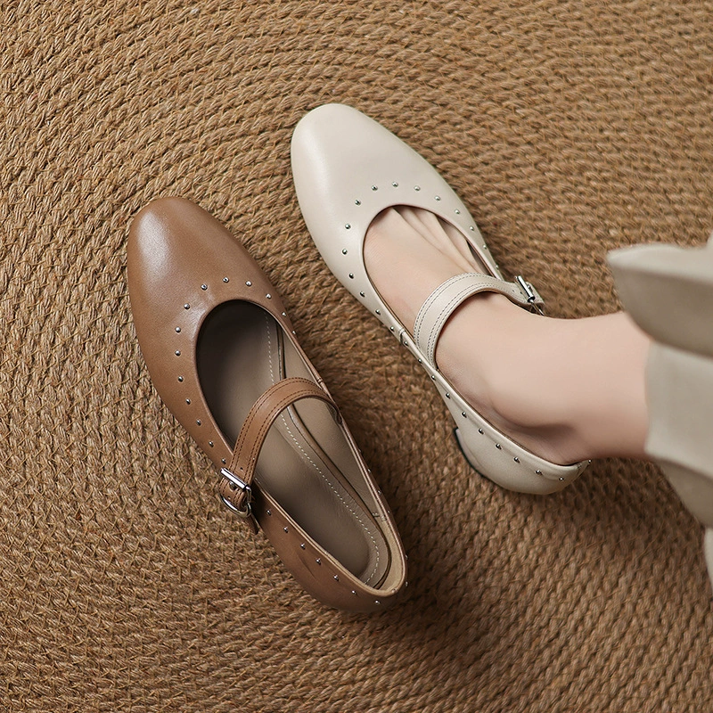 White Brown Womens Ballet Mary Jane Flats