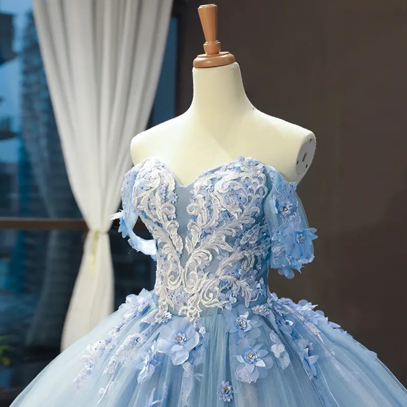 Blue Off Shoulder Tulle Appliqued Trailing Prom Dress