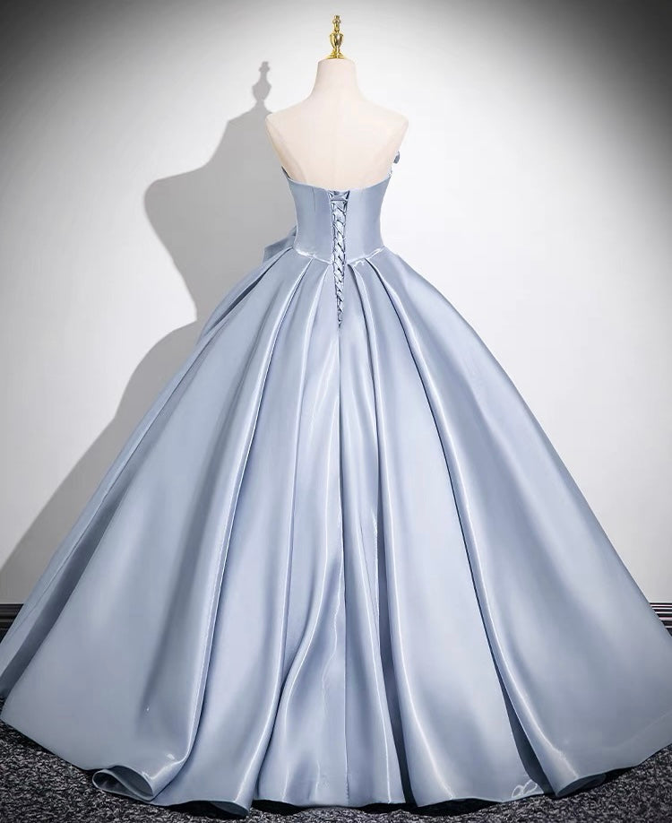Shiny Blue Strapless Satin with 3d Flowers Ball Gown Prom Dress