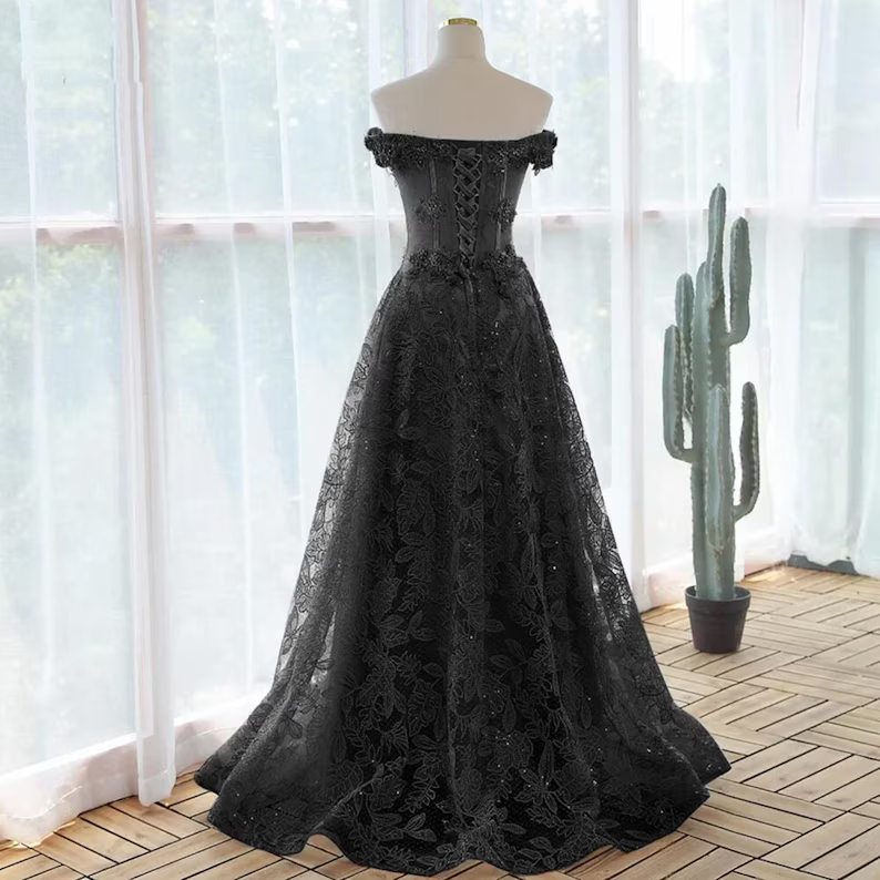 Black off the shoulder evening prom dress