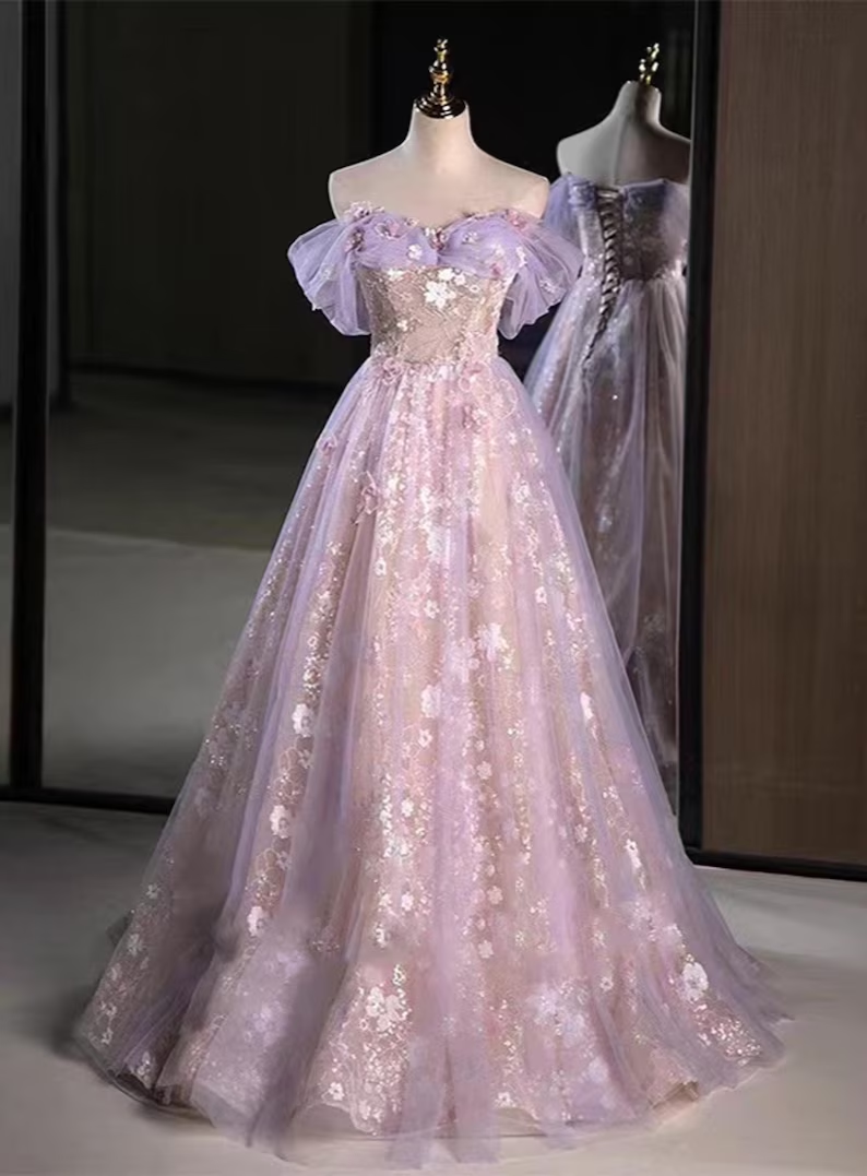 Dreamy Purple Off Shoulder Tulle Prom Dress