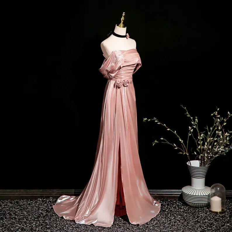 Pink-Gold Off Shoulder Prom Dress with Waist Roses & Choker
