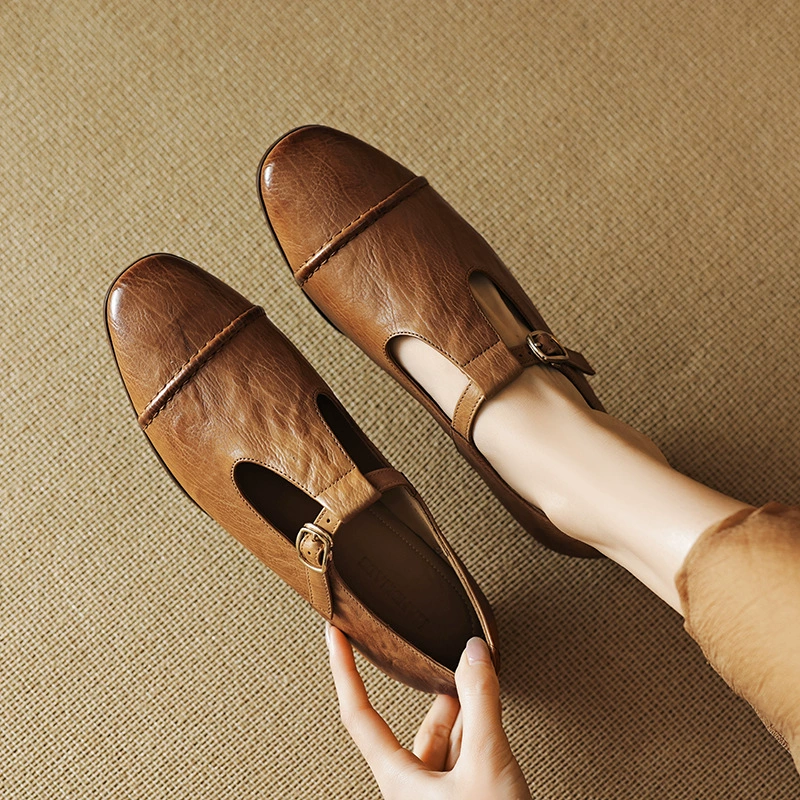 Handmade Brown T-Shaped Leather Mary Jane