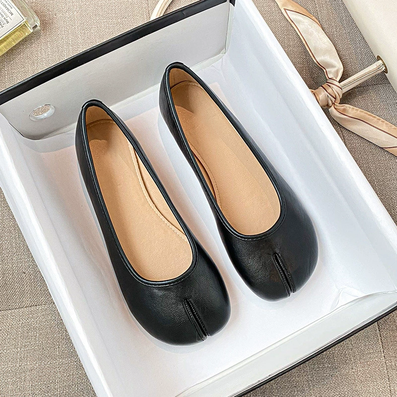 Leather White Black Brown Tabi Ballet Flats