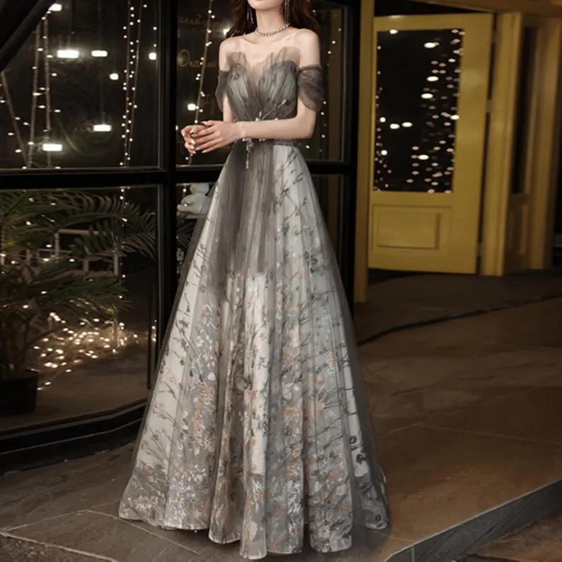 Floral Off Shoulder Tulle Prom Dress