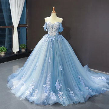 Blue Off Shoulder Tulle Appliqued Trailing Prom Dress