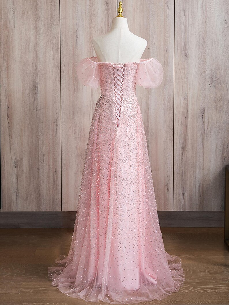 Sparkling Pink Off Shoulder Prom Dress