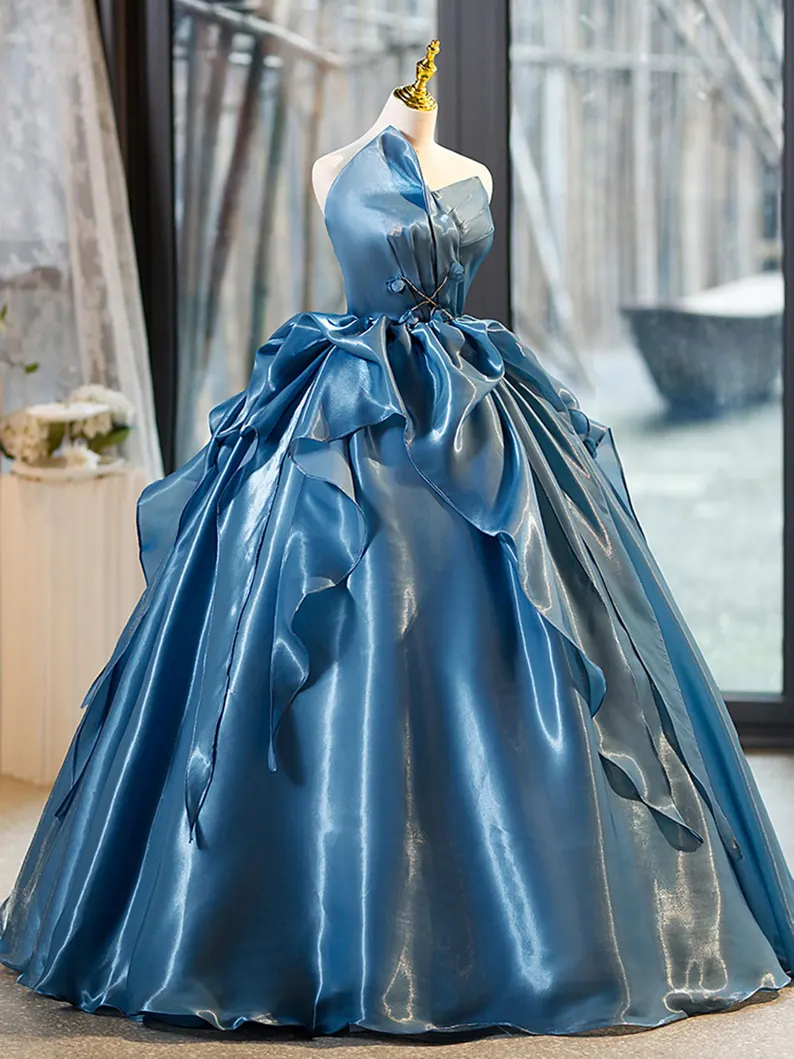 Gorgeous Blue Tube Satin Long Prom Dress