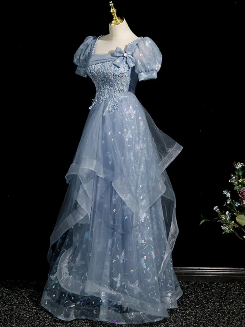 Beaded Blue-Gray Tulle Long Prom Dress