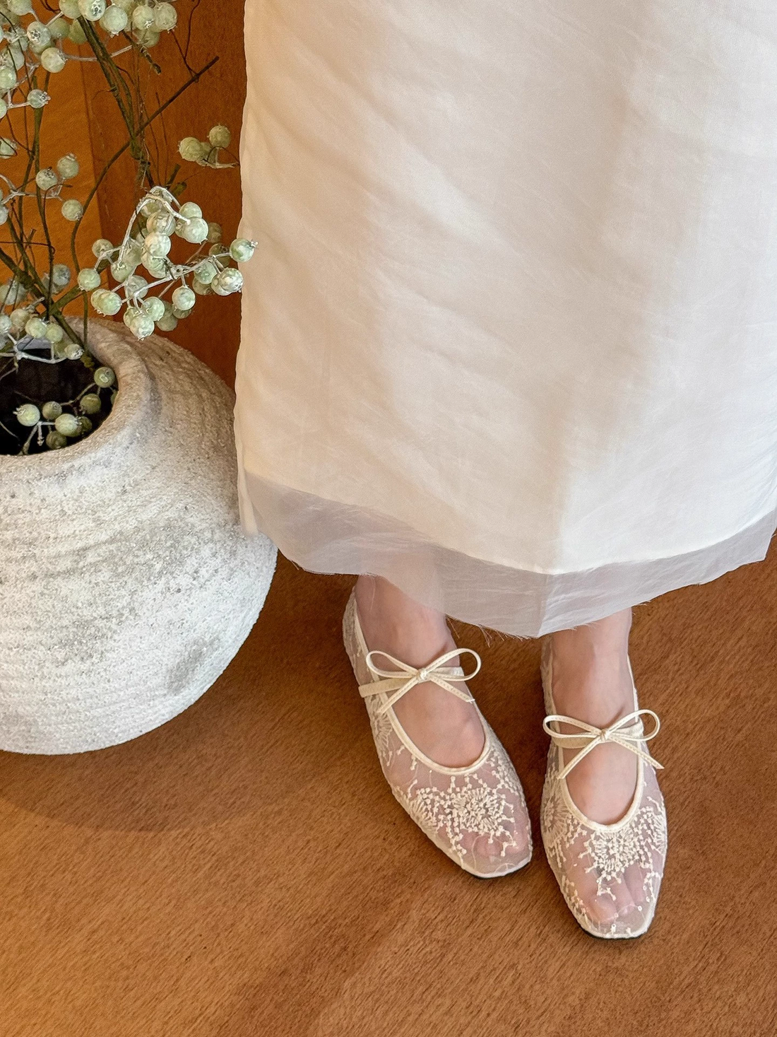 White Mesh Embroidered Bow Mary Janes