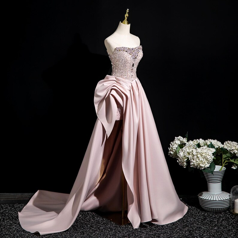 Pink Tube Satin Slit Long Prom Dress