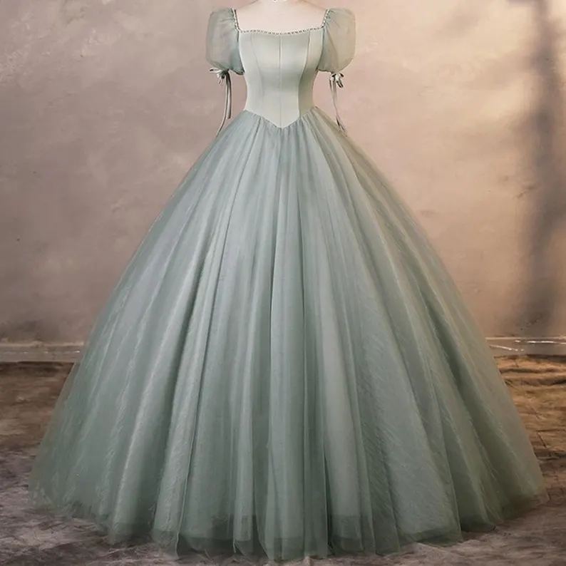 Puffy Sleeve Tulle Long Prom Dress