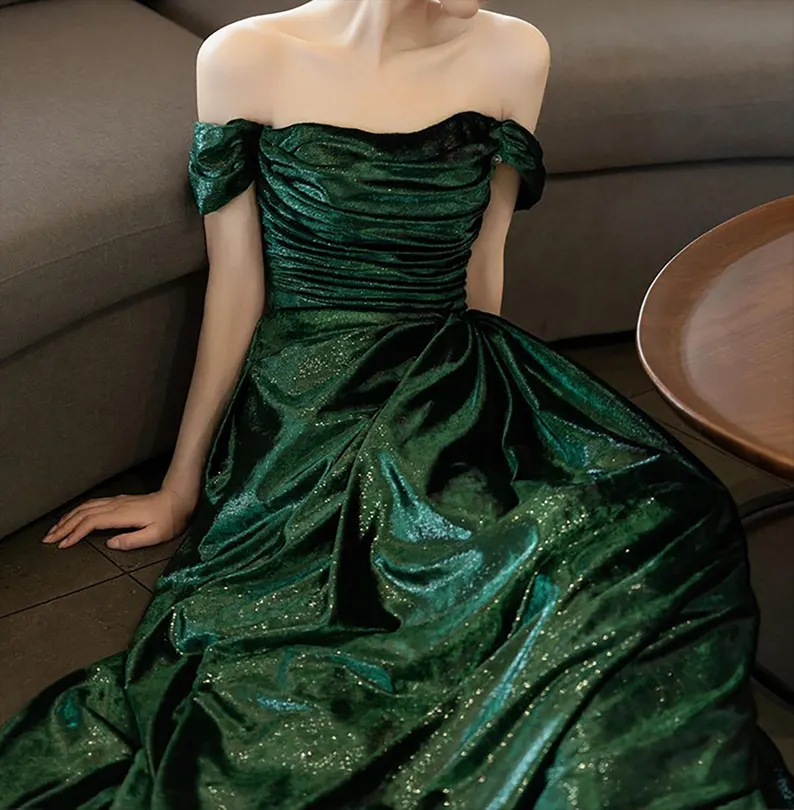 Green Off Shoulder Satin Long Prom Dress