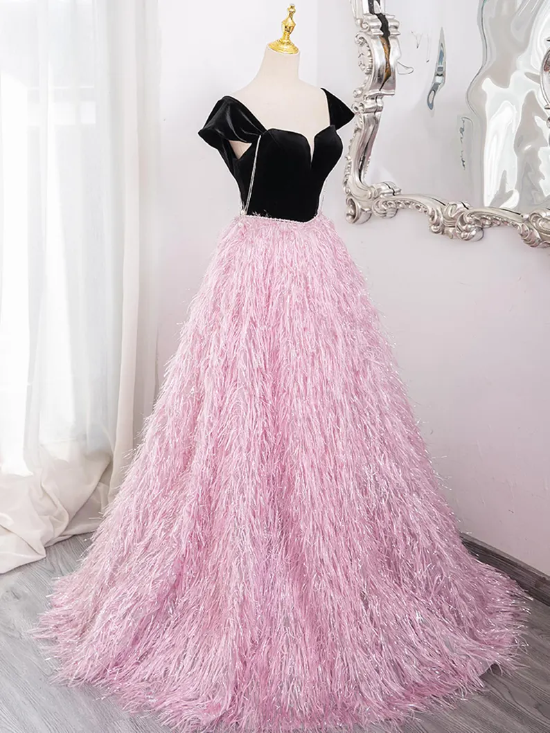 Fairy Pink Black Pearl Long Prom Dress