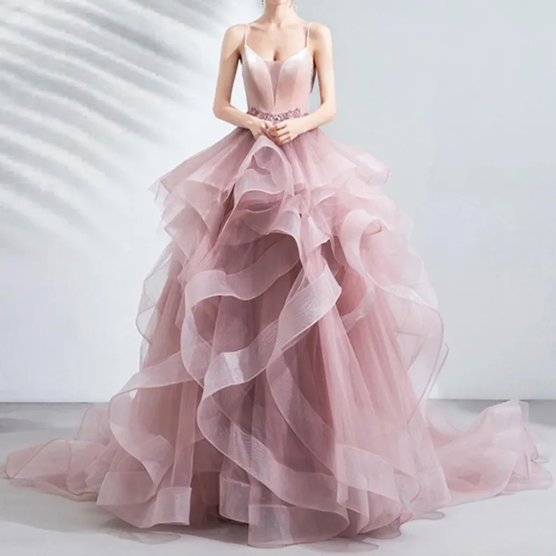 Pink Spaghetti Strap Corset Prom Dress