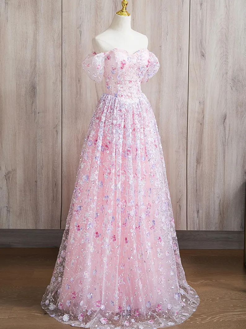 Pink Floral Off Shoulder Tulle Prom Dress