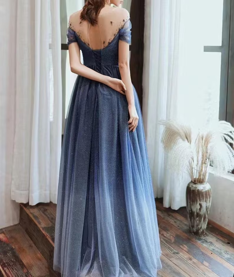 Dreamy Ombre Blue Tulle Long Prom Dress