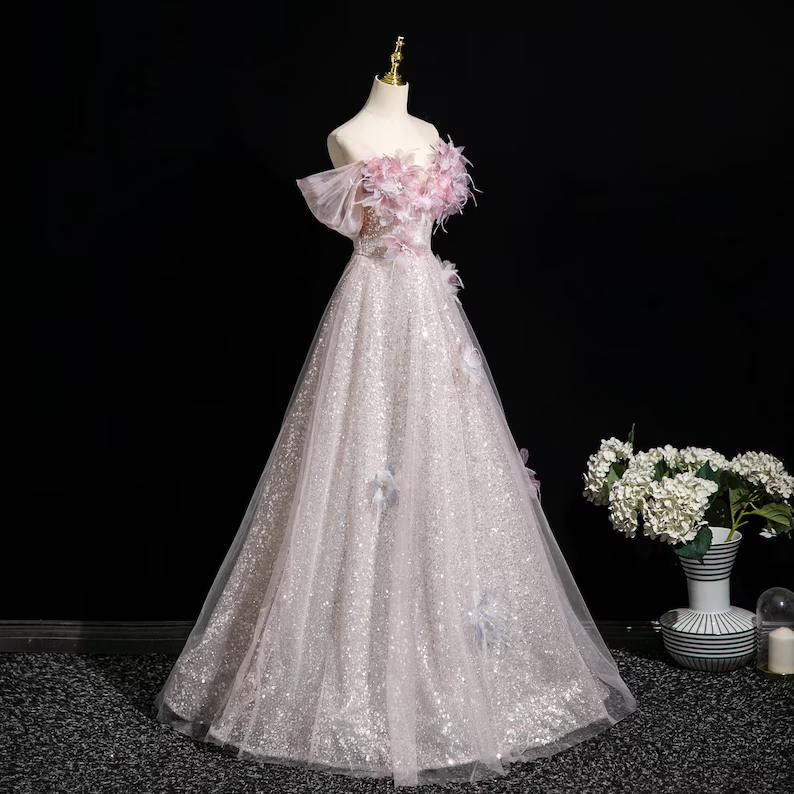 Fairy Pink Flower Off Shoulder Tulle Prom Dress