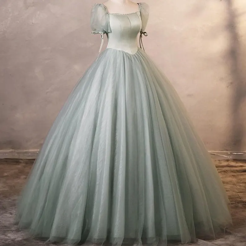 Puffy Sleeve Tulle Long Prom Dress