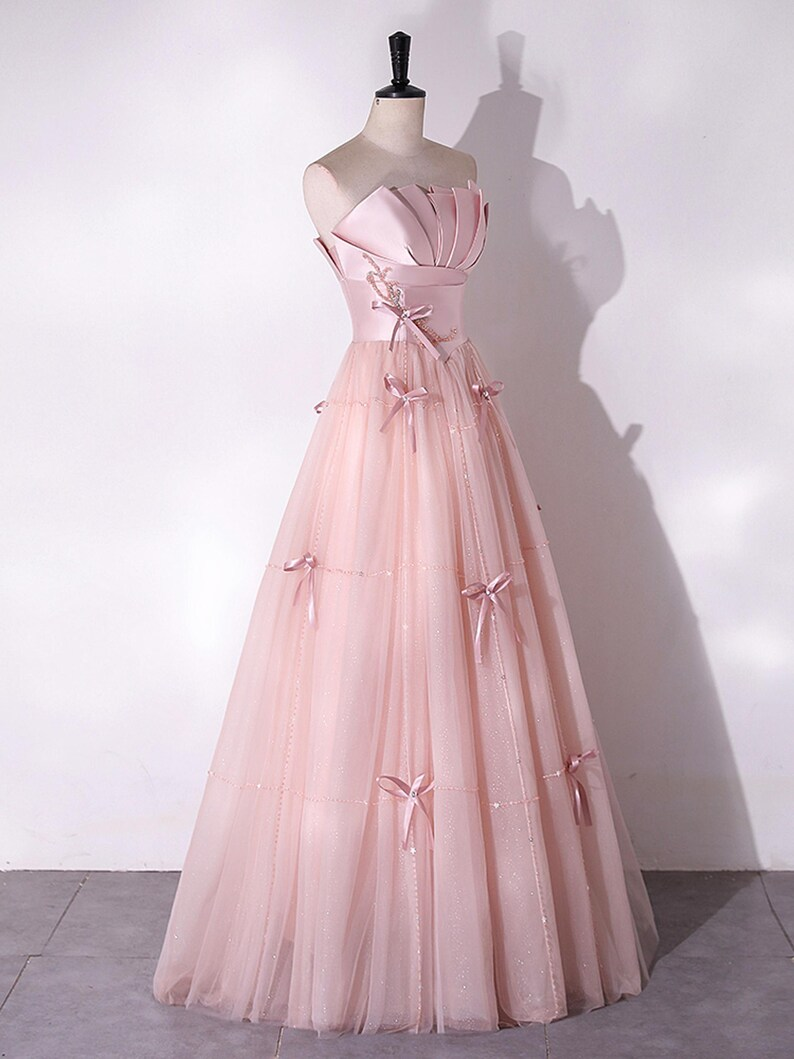 Fairy Pink Bow Tie Tube Tulle Long Prom Dress
