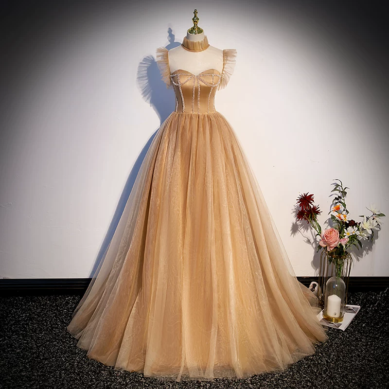Beaded Brown Sleeveless Tulle Long Prom Dress
