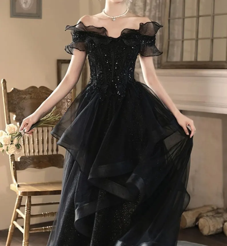 Black Off Shoulder Tulle Prom Dress
