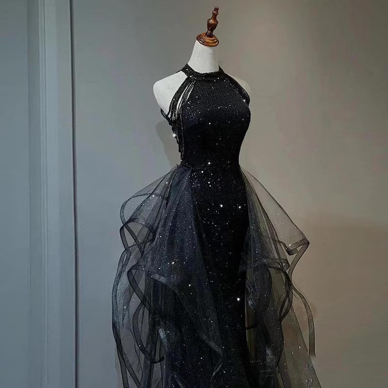 Black Sequin Halter Neck Mermaid Dress