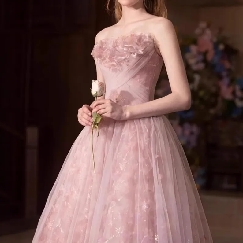 Fairy Pink Flower Off Shoulder Prom Dress