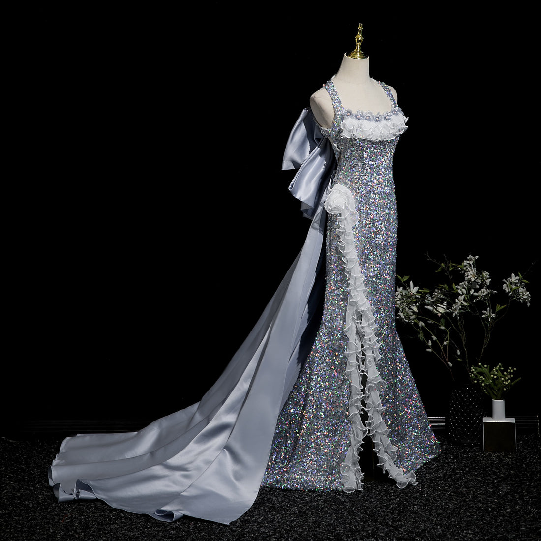 Stunning Silver Sequin Mermaid Slit Prom Dress