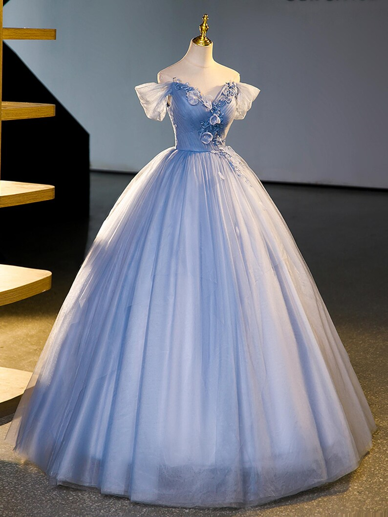 Fairy Blue V Neck Flower Off Shoulder Tulle Prom Dress
