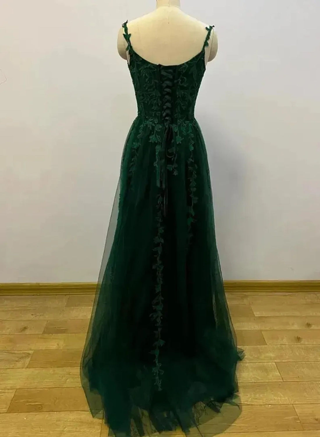 Green Lace Appliques Long Ball Gown