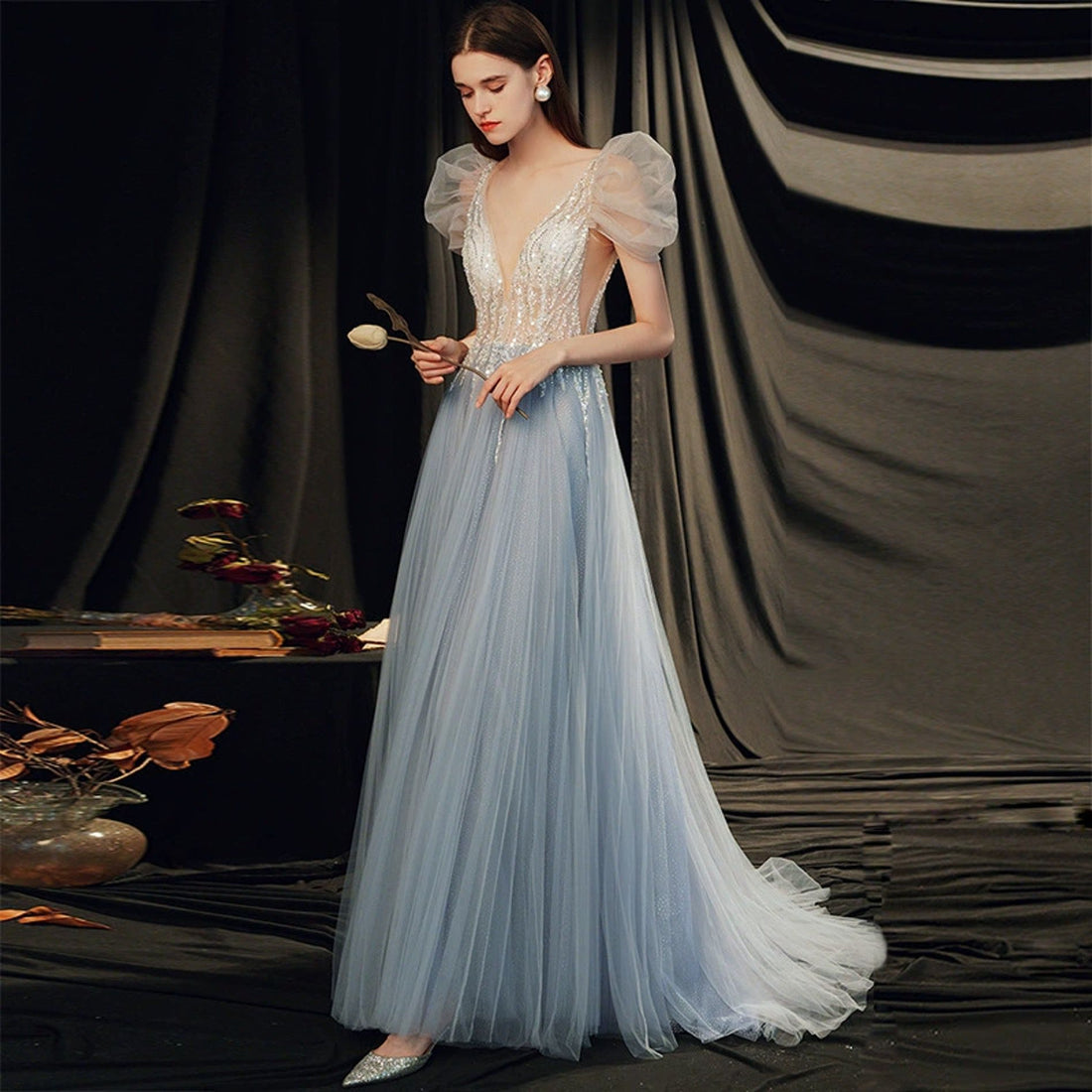 High Quality Blue V Neck Evening Prom Dress