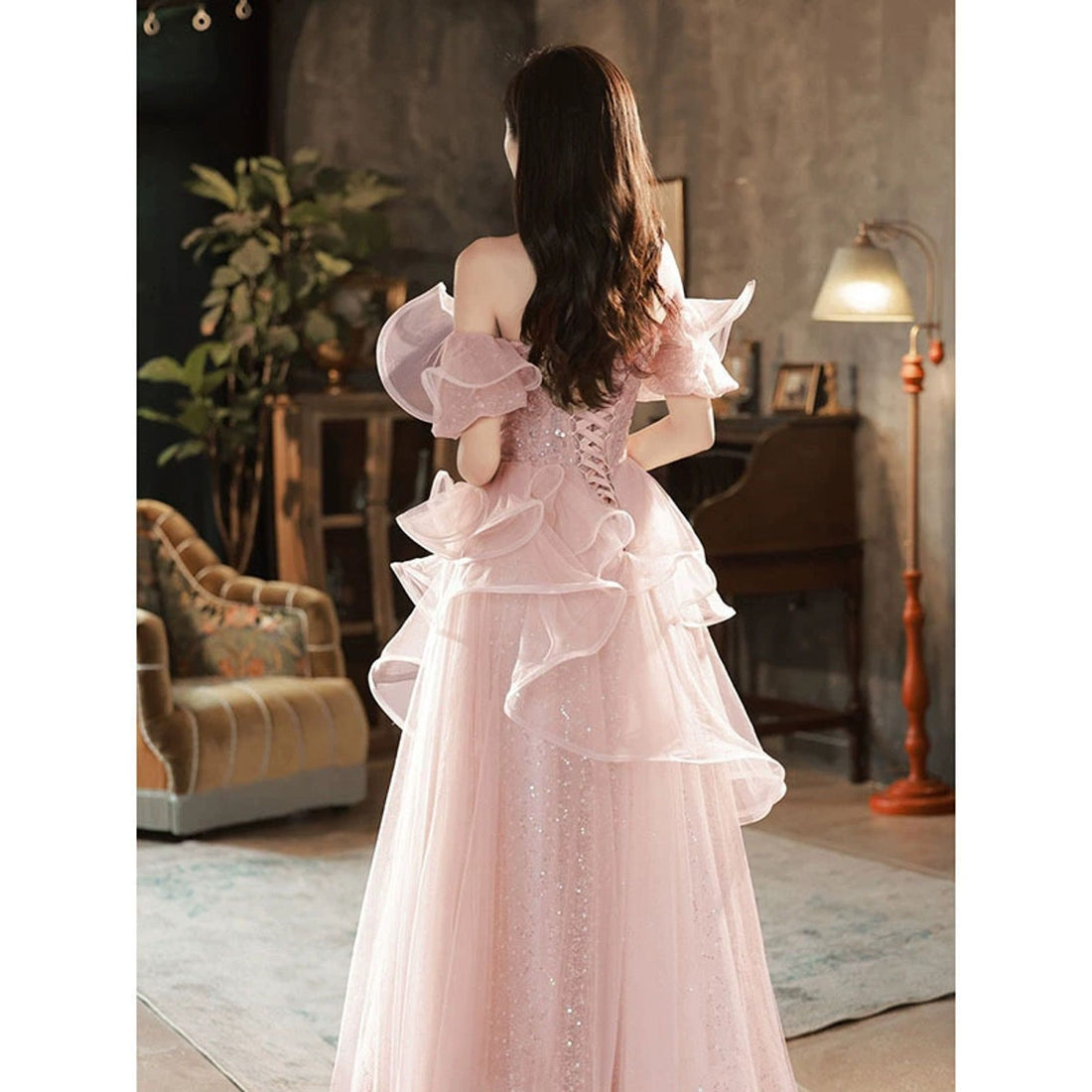 Fairy Pink Off Shoulder Tulle Prom Dress