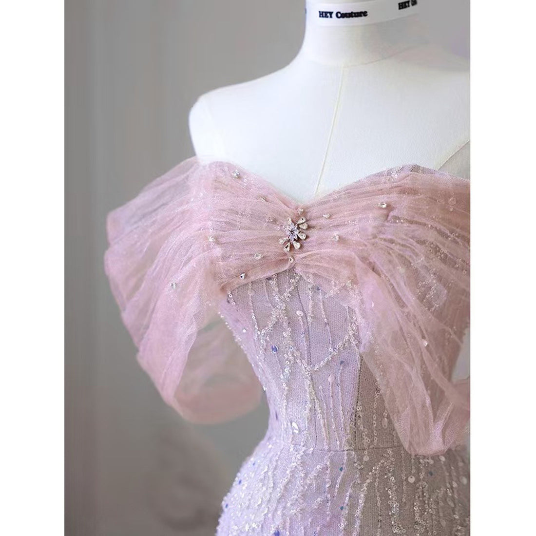 Senior Pink Off Shoulder Tulle Prom Dress