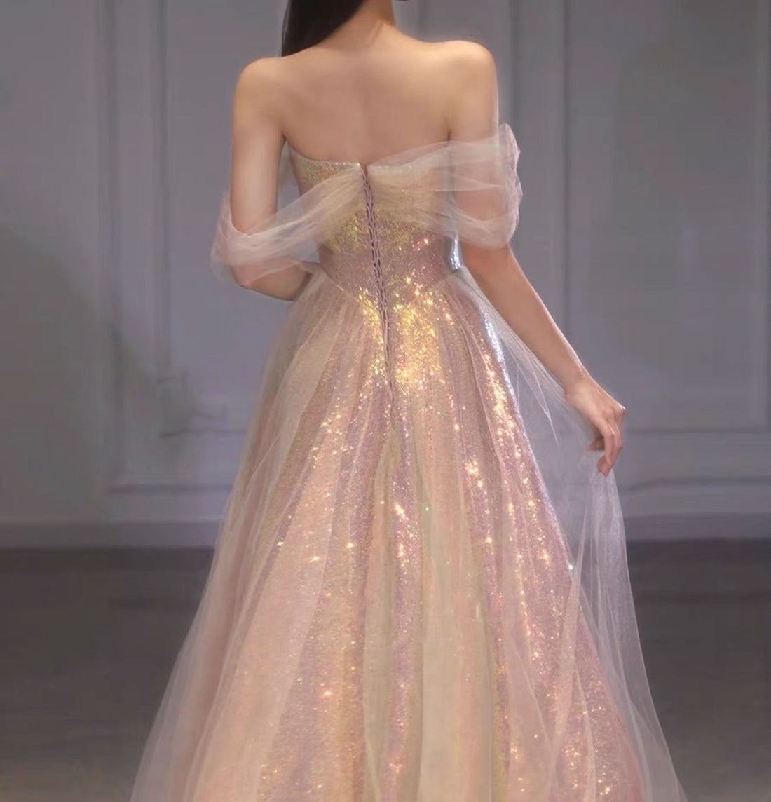 Sparkling Pink Sequined Off-the-shoulder Prom Dress