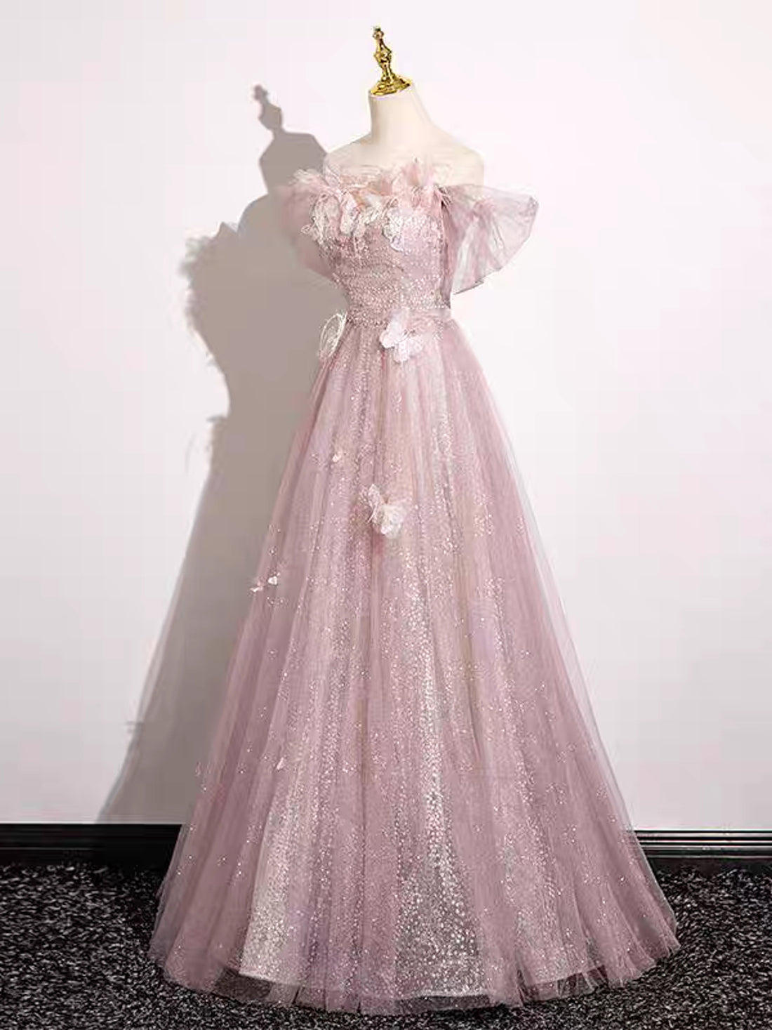 Dreamy Pink Butterfly Off Shouder Tulle Prom Dress