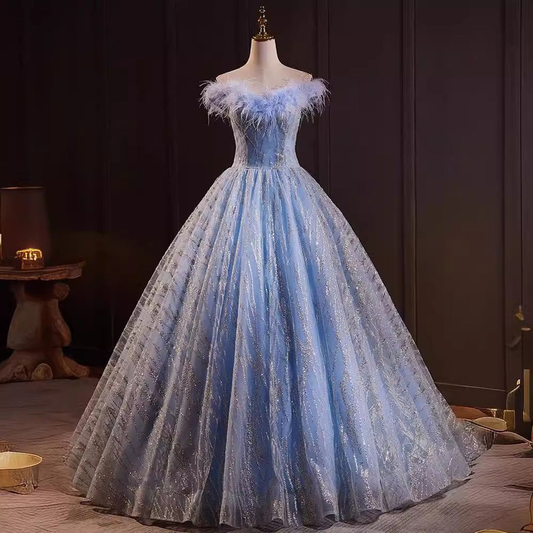 Luxury Blue Feather Off Shouder Prom Dres