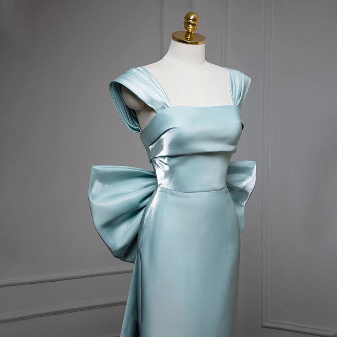 Sky Blue Bow Straps Satin Prom Dress