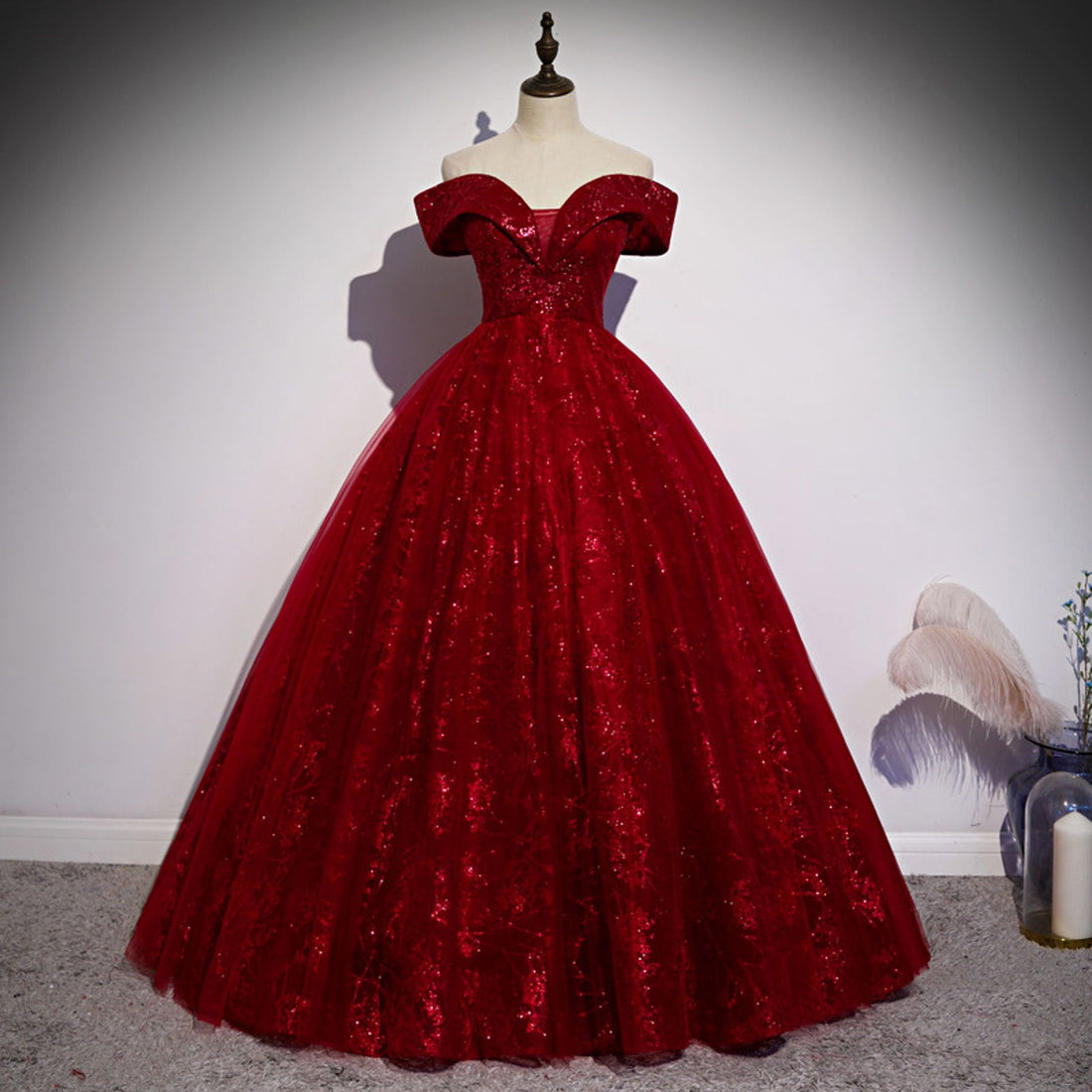 luxury Red Off Shoulder Wedding Tulle Prom Dress