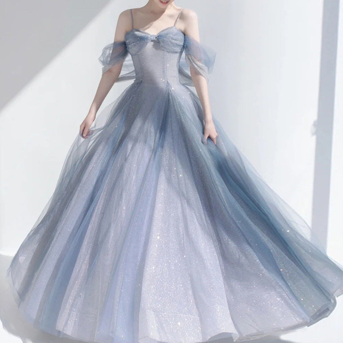 Women's Sky Blue Fairy Off Shouder Tulle Prom Dress