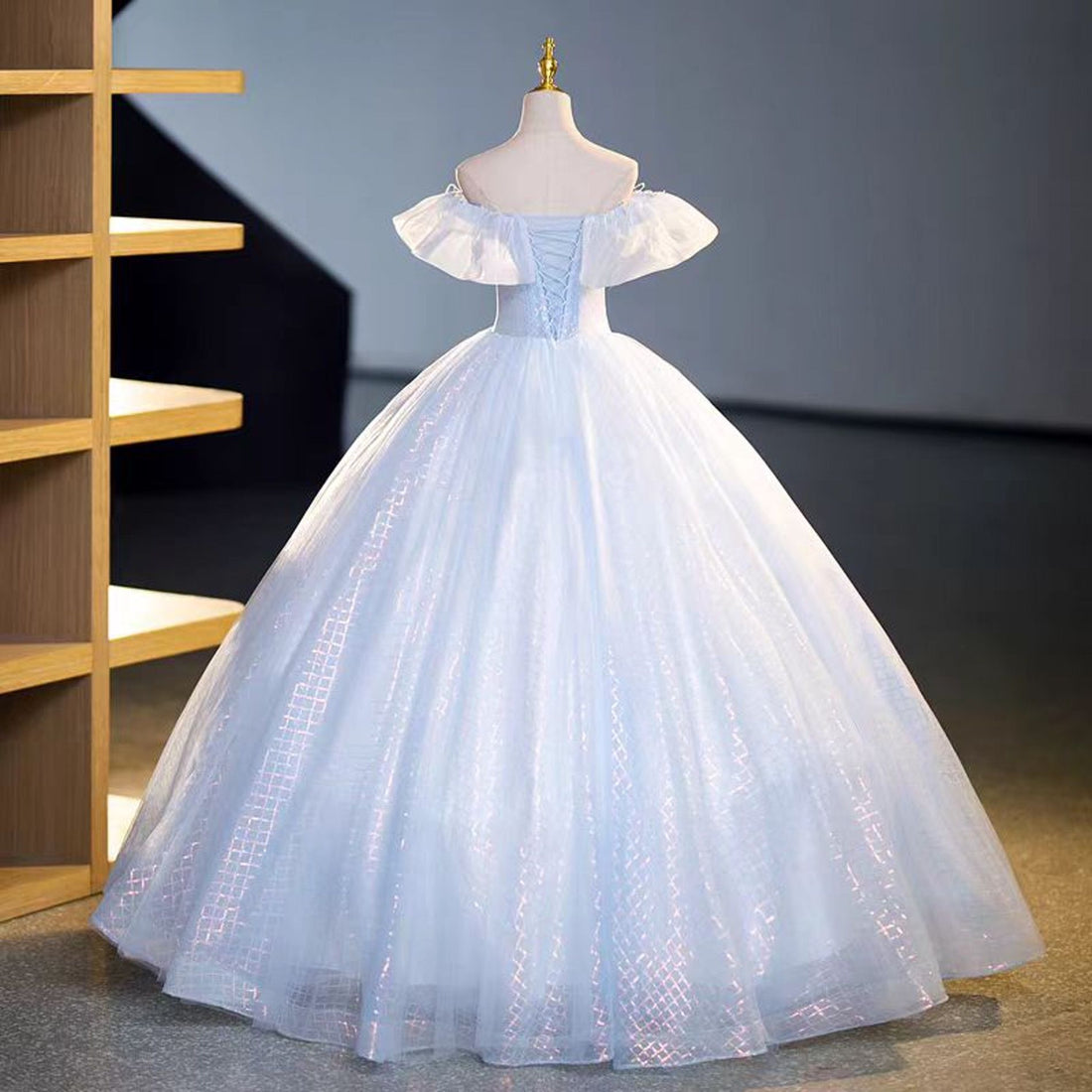 Sweet Blue Tulle Off Shouder Prom Dress