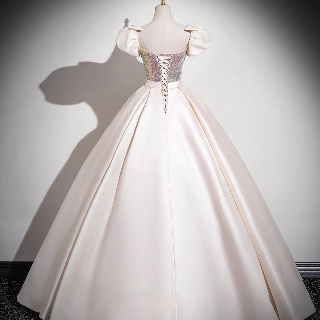 beige Princess Off Shoulder Satin Prom Dress