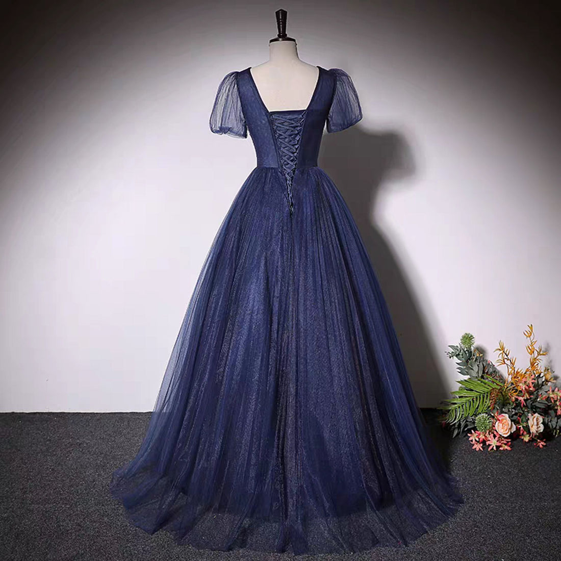 Women's Dark Blue Short Sleeve Tulle Prom Dress