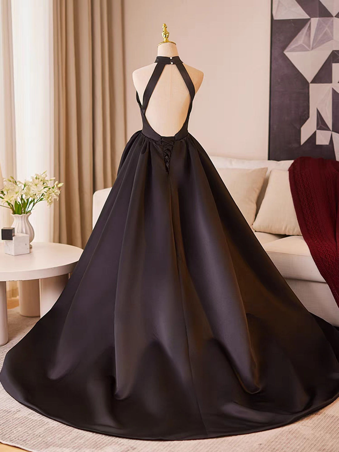 Women Black Halter Neck Satin Prom Dress