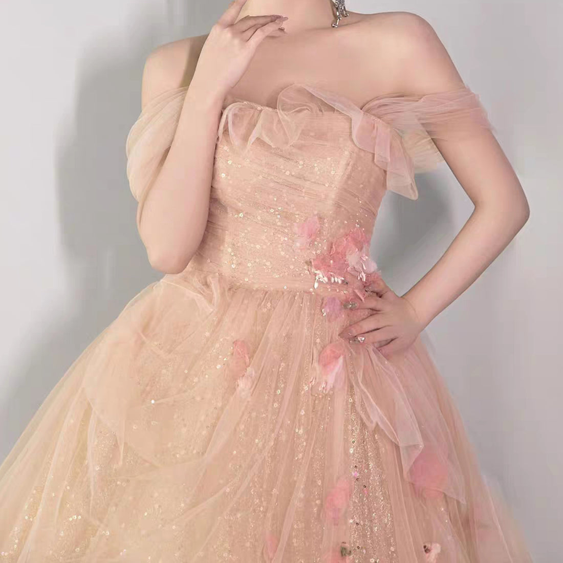 Fantasy Pink Off Shouder Evening Prom Dress